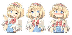 Rule 34 | 1girl, :o, :t, ;d, alice margatroid, annoyed, arnest, blonde hair, blue eyes, blush, bob cut, bow, bowtie, capelet, clenched hands, closed mouth, cropped torso, dot nose, expressions, finger to own chin, frilled cuffs, frilled hairband, frills, from side, full-face blush, furrowed brow, hairband, hand up, hands up, highres, index finger raised, lolita hairband, looking at viewer, looking to the side, multiple views, no nose, nose blush, one eye closed, open mouth, pale color, parted lips, pout, puffy short sleeves, puffy sleeves, raised eyebrow, red bow, red bowtie, red hairband, shiny skin, short hair, short sleeves, simple background, smile, straight-on, sweat, tearing up, touhou, upper body, v-shaped eyebrows, white background, white capelet, wide-eyed, wing collar, wrist cuffs