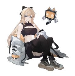 Rule 34 | 1girl, bare shoulders, black gloves, black shirt, black skirt, black thighhighs, blonde hair, blue eyes, bow, braid, breasts, cleavage, cleavage cutout, clothing cutout, commission, crop top, crossed ankles, drone, fingerless gloves, gloves, grey footwear, hair bow, hand on own thigh, highres, jacket, large breasts, long hair, long sleeves, looking at viewer, midriff, miniskirt, navel, off shoulder, open clothes, open jacket, original, panties, pleated skirt, retri, shirt, shoes, sitting, skirt, sleeveless, sleeveless shirt, smile, sneakers, solo, sonya (schan), stomach, thigh strap, thighhighs, transparent background, underwear, unzipped, white jacket, white panties