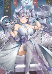 Rule 34 | 1girl, absurdres, blush, breasts, cleavage, demon girl, demon horns, demon wings, dress, duel monster, earrings, gloves, grey eyes, highres, holding, holding polearm, holding weapon, horns, indoors, jewelry, large breasts, looking at viewer, lovely labrynth of the silver castle, low wings, misakura aoi, moon, multiple wings, pointy ears, polearm, sitting, smile, solo, star (sky), thighhighs, transparent wings, twintails, weapon, white hair, white horns, wings, yu-gi-oh!