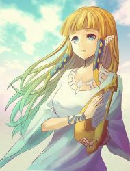 Rule 34 | 1girl, artist request, blonde hair, blue eyes, bracelet, breasts, cloud, cloudy sky, collarbone, day, dress, eyelashes, feet, female focus, fingernails, floating hair, hair ornament, hands up, holding, holding instrument, instrument, jewelry, long hair, long sleeves, looking away, lyre, neck, nintendo, no bra, outdoors, parted lips, pink footwear, pointy ears, princess zelda, sandals, sidelocks, sky, small breasts, standing, the legend of zelda, the legend of zelda: skyward sword, toga, tunic, upper body, white dress, white tunic, wide sleeves, worried