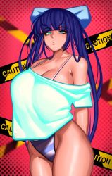 Rule 34 | 1girl, :o, alternate costume, bikini, blue hair, bow, breasts, caution tape, cleavage, curvy, eyebrows, hair bow, highres, kevbot, large breasts, off-shoulder shirt, off shoulder, panty &amp; stocking with garterbelt, pink hair, shirt, sign, solo, stocking (psg), striped bikini, striped clothes, swimsuit, thick thighs, thighs, warning sign