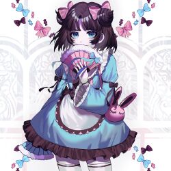 Rule 34 | 1girl, absurdres, animal bag, apron, bag, blue eyes, bow, bracelet, brown hair, candy, comiclove1314, covering own mouth, double bun, dress, folding fan, frilled dress, frills, hair bow, hair bun, hand fan, highres, holding, holding fan, jewelry, juliet sleeves, kayura toshiko, long sleeves, looking at viewer, nail polish, parted bangs, project: eden&#039;s garden, puffy sleeves, rabbit bag, ribbon, short hair, shoulder bag, solo, thighhighs, two side up, waist apron, wrapped candy