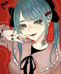 Rule 34 | 1girl, absurdres, bandaid, ear piercing, hair ornament, hatsune miku, heart, highres, jirai kei, komisyo-project, long hair, long sleeves, looking at viewer, mask, mouth mask, open mouth, piercing, red background, ribbon, shirt, simple background, solo, twintails, vampire (vocaloid), vocaloid