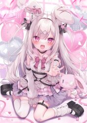 Rule 34 | 1girl, :d, animal ears, balloon, black bow, black choker, blunt bangs, blush, bow, choker, frilled shirt, frilled skirt, frills, grey hair, hair bow, hair intakes, hair ornament, heart balloon, highres, indie virtual youtuber, long hair, mary janes, momochi chia, open mouth, outstretched hand, pink eyes, rabbit ears, rabbit girl, shirt, shoes, sitting, skirt, smile, solo, stuffed animal, stuffed rabbit, stuffed toy, thighhighs, usatama amyu, wariza, white thighhighs, x hair ornament