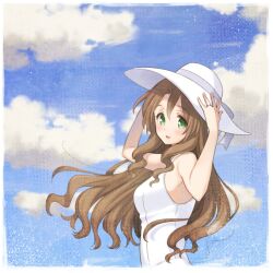Rule 34 | 1girl, aerith gainsborough, alternate costume, bare arms, bare shoulders, blue sky, blush, breasts, brown hair, cloud, cloudy sky, dress, final fantasy, final fantasy vii, green eyes, hat, holding, holding clothes, holding hat, jewelry, krudears, long hair, looking at viewer, medium breasts, outdoors, parted bangs, parted lips, ring, sidelocks, sky, sleeveless, sleeveless dress, smile, solo, sun hat, sundress, upper body, wavy hair, white dress, white hat
