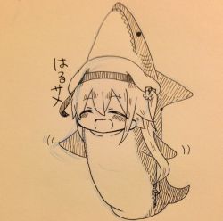 Rule 34 | 10s, 1girl, :d, ^ ^, alternate costume, animal costume, beret, commentary request, closed eyes, hair ornament, harusame (kancolle), hat, jako (jakoo21), kantai collection, long hair, monochrome, open mouth, ponytail, pun, shark costume, side ponytail, smile, solo