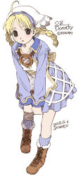 Rule 34 | 1girl, ahoge, blonde hair, blue socks, blush, boots, braid, brown eyes, brown footwear, character name, collared dress, copyright name, cross-laced footwear, dated, dorothy (over zenith), dress, female focus, flat color, full body, hat, lace-up boots, long sleeves, looking at viewer, over zenith, pigeon-toed, shiwasu takashi, short dress, simple background, socks, solo, standing, twin braids, v arms, white background
