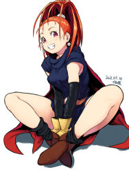 Rule 34 | 1girl, barbara (dq6), belt, boots, breasts, cape, dated, dragon quest, dragon quest vi, dress, earrings, full body, gloves, high ponytail, jewelry, long hair, looking at viewer, medium breasts, orange hair, ponytail, purple eyes, simple background, smile, solo, tsukudani (coke-buta), white background