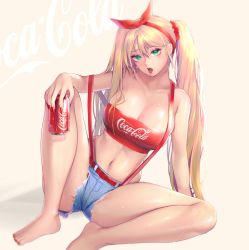 Rule 34 | 1girl, arm support, blonde hair, blue shorts, breasts, cleavage, coca-cola, crop top, denim, denim shorts, green eyes, highres, large breasts, lips, long hair, looking at viewer, nail polish, navel, open mouth, original, potetos7, red nails, shiny skin, short shorts, shorts, sitting, solo, strapless, suspender shorts, suspenders, tube top, twintails, very long hair