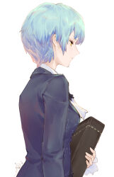 Rule 34 | 1girl, angela (project moon), ascot, blue hair, book, closed mouth, collared shirt, facing away, frilled sleeves, frills, holding, holding book, io (io oekaki), library of ruina, long sleeves, project moon, shirt, short hair, simple background, solo, upper body, white ascot, white background, white shirt, yellow eyes