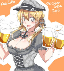 Rule 34 | 10s, 1girl, adapted costume, alcohol, anchor hair ornament, beer, beer mug, blonde hair, blush, breasts, camouflage, cleavage, cup, dirndl, dress, female focus, german clothes, hair ornament, hat, kantai collection, large breasts, long hair, looking at viewer, mikagami sou, mug, oktoberfest, open mouth, peaked cap, prinz eugen (kancolle), remodel (kantai collection), sketch, smile, solo, twintails, underbust