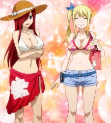 Rule 34 | 2girls, bag, bikini, bikini top only, blonde hair, breasts, brown eyes, cleavage, crossed arms, denim, denim shorts, erza scarlet, closed eyes, fairy tail, female focus, hair over one eye, hat, highres, large breasts, long hair, looking at viewer, lucy heartfilia, multiple girls, navel, red hair, sarong, shorts, side ponytail, standing, stitched, swimsuit, third-party edit, underboob