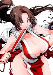 Rule 34 | 1girl, bare shoulders, breasts, brown eyes, cleavage, fatal fury, female focus, hand fan, large breasts, lips, ninja, pelvic curtain, ponytail, shiranui mai, sleeveless, solo, takafumi 696, the king of fighters, wide hips