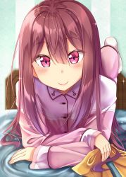 Rule 34 | 10s, 1girl, alternate hairstyle, anchor print, bed, bed sheet, blush, buttons, closed mouth, gurande (g-size), hair between eyes, hair down, highres, holding, holding ribbon, indoors, kamikaze (kancolle), kantai collection, long hair, long sleeves, looking at viewer, lying, on bed, on stomach, pajamas, pillow, pink eyes, pink lips, ponytail, purple eyes, red hair, ribbon, smile, solo, sparkle, yellow ribbon