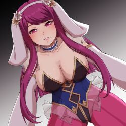 Rule 34 | 1girl, absurdres, animal ears, breasts, cleavage, collar, elbow gloves, fire emblem, fire emblem engage, fire emblem heroes, floppy ears, frilled collar, frilled leotard, frills, gloves, highres, ivy (fire emblem), large breasts, leotard, long hair, looking at viewer, lucky zero, mole, mole under mouth, nintendo, nontraditional playboy bunny, pantyhose, pov, purple eyes, purple hair, purple pantyhose, see-through, see-through sleeves, smile, solo, strapless, strapless leotard, very long hair