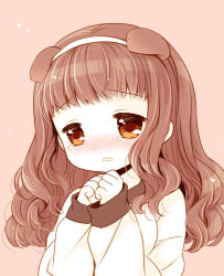 Rule 34 | 1girl, animal ears, blush, breasts, brown background, brown eyes, brown hair, commentary request, dog ears, fake animal ears, hairband, hands up, higanbana no saku yoru ni, kusunoki midori, long hair, long sleeves, medium breasts, nose blush, parted lips, puffy long sleeves, puffy sleeves, sakurazawa izumi, shirt, simple background, sleeves past wrists, solo, tears, upper body, wavy hair, wavy mouth, white background, white hairband, white shirt