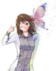 Rule 34 | 1girl, blush, brown hair, bug, butterfly, finger gun, finger gun to head, highres, bug, long sleeves, looking at viewer, one eye closed, original, shirt, smile, solo, travo, wink