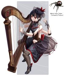 Rule 34 | 1girl, absurdres, black dress, black footwear, black widow (spider), bug, dress, earrings, extra arms, fishnet pantyhose, fishnets, full body, harp, high heels, highres, instrument, invisible chair, jewelry, looking at viewer, music, original, pantyhose, personification, playing instrument, red eyes, semmya ori, sitting, sleeveless, sleeveless dress, smile, solo, spider