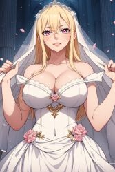Rule 34 | ai-generated, animegirl, breasts, bride, cleavage, dress, fairy tail, highres, large breasts, selene (fairy tail), wedding dress