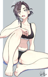Rule 34 | 1girl, asymmetrical hair, barefoot, black bra, black hair, black panties, bra, breasts, brown eyes, cigarette, cleavage, collarbone, commission, dated, eyelashes, feet, full body, grey background, hair over one eye, highres, hori shin, knees up, large breasts, legs, looking at viewer, lower teeth only, medium hair, mouth hold, navel, on ground, open mouth, original, panties, parted bangs, shadow, sidelocks, signature, sitting, solo, sports bra, teeth, thick thighs, thighs, toenails, toes, two-tone background, underwear