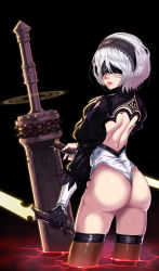 Rule 34 | 1girl, android, arm at side, ass, back cutout, black dress, black gloves, black hairband, blindfold, blood, breasts, broadsword, brown thighhighs, chain, choudan, clothing cutout, commentary request, covered eyes, cowboy shot, cropped shirt, dress, dual wielding, feather-trimmed sleeves, feather trim, fingernails, from behind, gloves, greatsword, hairband, hand up, highleg, highleg leotard, highres, holding, holding sword, holding weapon, huge weapon, joints, juliet sleeves, lace-trimmed hairband, lace trim, legs apart, leotard, lipstick, long fingernails, long sleeves, makeup, medium breasts, mole, mole under mouth, nier (series), nier:automata, no pants, nose, parted lips, partially submerged, pink lips, planted, planted sword, planted weapon, pool of blood, puffy sleeves, robot joints, short hair, shoulder blades, silver hair, single glove, skirt, unworn skirt, solo, standing, sword, thighhighs, thong leotard, turtleneck, vambraces, wading, weapon, white leotard, 2b (nier:automata)
