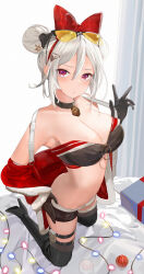 Rule 34 | 1girl, armpits, black choker, black footwear, black gloves, black shorts, black thighhighs, boots, bow, box, breasts, choker, christmas lights, cleavage, cloak, closed mouth, commentary, crop top, curtains, double bun, english commentary, eyewear on head, frown, fuenyuan, fur-trimmed cloak, fur trim, gift, gift box, girls&#039; frontline, gloves, hair between eyes, hair bow, hair bun, hair ornament, hairclip, hand on own hip, hand up, high heels, highres, kneeling, long hair, looking at viewer, medium breasts, off shoulder, p90 (girls&#039; frontline), p90 (scarlet turbo) (girls&#039; frontline), partially unzipped, red bow, red cloak, red eyes, santa costume, semi-rimless eyewear, short shorts, shorts, sidelocks, solo, stomach, strap pull, sunglasses, thigh boots, thighhighs, thighhighs under boots, thighs, tinted eyewear, white background, white hair, yellow-tinted eyewear, zipper, zipper pull tab