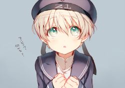 Rule 34 | 10s, 1girl, bad id, bad twitter id, beret, blonde hair, clothes writing, green eyes, hat, kantai collection, open mouth, pov, sailor collar, sailor hat, shigaraki (strobe blue), short hair, solo, translation request, z1 leberecht maass (kancolle)
