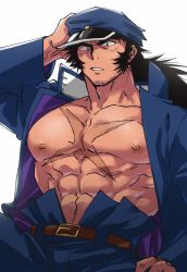 Rule 34 | 1boy, abs, bara, belt, black eyes, black hair, collared jacket, hand on own head, hat, jacket, large pectorals, long hair, long sideburns, male focus, manly, muscular, muscular male, navel, nipples, original, pants, pectorals, scar, scar on chest, sideburns, solo, sugo6969, thick eyebrows, topless male, veins