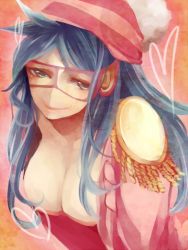 Rule 34 | 1girl, akizuki hakuto, blue hair, breasts, cleavage, hat, large breasts, long hair, mask, one piece, porche (one piece), smile, solo