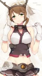 Rule 34 | 10s, 1girl, 2014, 2015, bad id, bad twitter id, bare shoulders, black skirt, breasts, bridal veil, brown hair, closed mouth, collarbone, cowboy shot, dated, eyebrows, gloves, green eyes, groin, hairband, hiiragi souren, jewelry, kantai collection, looking at viewer, medium breasts, midriff, mutsu (kancolle), navel, pleated skirt, ring, short hair, simple background, skirt, sleeveless, smile, solo, stomach, veil, wedding band, wedding ring, white background, white gloves
