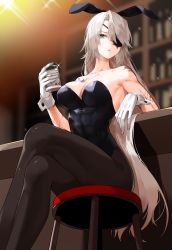 Rule 34 | 1girl, animal ears, bare shoulders, black leotard, black pantyhose, blurry, blurry background, breasts, cleavage, crossed legs, cup, drinking glass, fake animal ears, feet out of frame, gloves, grey eyes, hair over one eye, hand up, highres, holding, holding cup, indoors, large breasts, leotard, long hair, looking at viewer, lydia macarthur, original, pantyhose, parted lips, playboy bunny, rabbit ears, sitting, solo, stool, strapless, strapless leotard, thighs, very long hair, waka (shark waka), white gloves, white hair, wrist cuffs