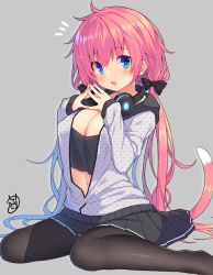 Rule 34 | 1girl, black bow, black pantyhose, black skirt, blue eyes, bow, breasts, cat tail, chiri (atlanta), chiriko (atlanta), cleavage, crop top, grey background, grey jacket, hair bow, headphones, headphones around neck, jacket, large breasts, long hair, looking at viewer, low twintails, midriff peek, miniskirt, navel, notice lines, open clothes, open jacket, open mouth, original, pantyhose, pink hair, pleated skirt, polka dot, sitting, skirt, solo, steepled fingers, tail, twintails, very long hair, wariza