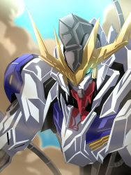 Rule 34 | aki.10 01, blue eyes, cable, cable tail, glowing, glowing eye, gundam, gundam barbatos, gundam barbatos lupus rex, gundam tekketsu no orphans, highres, looking at viewer, mecha, mechanical tail, mobile suit, no humans, portrait, robot, science fiction, sky, smoke, solo, tail, v-fin