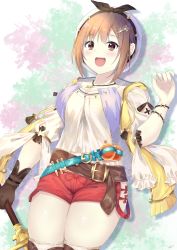 Rule 34 | 1girl, 7 calpis 7, :d, atelier (series), atelier ryza, atelier ryza 1, bare shoulders, belt, belt buckle, beret, black ribbon, blush, breasts, brown belt, brown eyes, brown gloves, brown hair, buckle, cleavage, collarbone, commentary request, fingernails, flask, gloves, hair ornament, hairclip, hand up, hat, highres, jacket, jewelry, long sleeves, looking at viewer, medium breasts, open clothes, open jacket, open mouth, pendant, puffy long sleeves, puffy sleeves, red shorts, reisalin stout, ribbon, round-bottom flask, shirt, short hair, short shorts, shorts, sidelocks, single glove, skindentation, sleeveless, sleeveless jacket, smile, solo, thighhighs, thighs, vial, white hat, white shirt, white thighhighs, yellow jacket