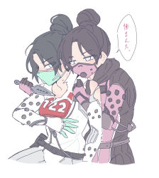 Rule 34 | 2girls, animification, apex legends, black scarf, blue eyes, bodysuit, dual persona, gloves, highres, holding, holding knife, hug, hug from behind, knife, kunai, looking down, mask, mouth mask, multiple girls, nojima minami, official alternate costume, pink bodysuit, pink gloves, quarantine 722 wraith, scarf, sketch, void specialist wraith, weapon, white bodysuit, white gloves, wraith&#039;s kunai, wraith (apex legends)