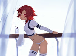 Rule 34 | 1girl, against railing, bottle, breasts, contrapposto, cowboy shot, gluteal fold, highres, leaning forward, long sleeves, looking at viewer, medium breasts, midriff, navel, original, panties, railing, red eyes, red hair, short hair, single sidelock, solo, sparrow (xici9527), standing, sweat, thighhighs, towel, underwear, water bottle, white panties, white thighhighs