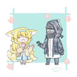 Rule 34 | 1girl, 1other, ^ ^, ambiguous gender, animal ear fluff, animal ears, arknights, bag, black bag, black footwear, black gloves, blonde hair, blue hairband, blue skirt, blush, bobby socks, brown cardigan, cardigan, chibi, closed eyes, cross-laced clothes, cross-laced skirt, dated, doctor (arknights), fox ears, fox girl, fox tail, gloves, hairband, haru (aona1122), heart hands failure, highres, hood, hood up, hooded jacket, jacket, kitsune, kyuubi, long hair, long sleeves, mask, multiple tails, official alternate costume, open mouth, red ribbon, ribbon, shoulder bag, skirt, socks, suzuran (arknights), suzuran (spring praise) (arknights), tail, thumbs up