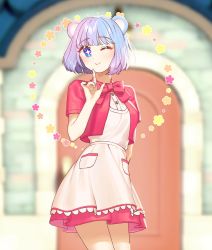 Rule 34 | + +, 1girl, :&gt;, animal crossing, animal ears, apron, artist request, bear ears, bear girl, blue hair, commentary request, gradient hair, highres, judy (animal crossing), multicolored hair, nintendo, personification, pink skirt, purple hair, skirt, smile, solo, source request, upper body, waist apron, zelato