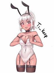 Rule 34 | 1girl, animal ears, armband, artist name, bare shoulders, blush, borrowed character, bow, bowtie, breasts squeezed together, breasts, brown thighhighs, cleavage, collarbone, covered navel, cowboy shot, dark-skinned female, dark skin, earrings, fake animal ears, garter straps, grey hair, highleg, highleg leotard, highres, jewelry, large breasts, leotard, looking at viewer, open mouth, original, ponytail, rabbit ears, red eyes, sidelocks, simple background, smile, solo, thighhighs, ti keep, white background, white leotard