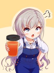 Rule 34 | 1girl, blush, brown background, collared shirt, cup, dress shirt, drink, earrings, green eyes, grey hair, hand on own hip, highres, hisakawa hayate, holding, holding cup, idolmaster, idolmaster cinderella girls, jewelry, long hair, long sleeves, looking at viewer, open mouth, overalls, shirt, solo, two-tone background, unadon (unadoom), v-shaped eyebrows, very long hair, white shirt