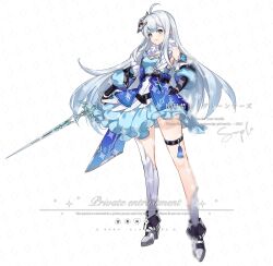 Rule 34 | 1girl, absurdres, ahoge, ankle boots, aqua eyes, asymmetrical legwear, bare arms, black gloves, blue dress, boots, detached sleeves, dress, frilled dress, frills, full body, genshin impact, gloves, grey footwear, grey hair, hand on own hip, hello kiki, highres, holding, holding sword, holding weapon, long hair, looking to the side, original, single sock, single thighhigh, sleeveless, sleeveless dress, socks, solo, sword, thigh strap, thighhighs, uneven legwear, v-shaped eyebrows, watermark, weapon, white background, white socks, white thighhighs