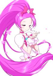 Rule 34 | 1girl, blush, bow, choker, commentary request, cure blossom, dress, earrings, hair bow, hair ornament, hanasaki tsubomi, happy, heartcatch precure!, high ponytail, highres, jewelry, long hair, magical girl, matatabi (karukan222), petals, pink bow, pink choker, pink dress, pink eyes, pink hair, pink theme, ponytail, precure, puffy short sleeves, puffy sleeves, short sleeves, simple background, smile, solo, standing, very long hair, white background, wrist cuffs