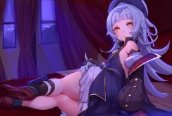 Rule 34 | 1girl, akasaai, ass, azur lane, bare shoulders, bed, beret, black socks, blue dress, blue hat, blue ribbon, blunt bangs, blush, breasts, closed mouth, cross, detached sleeves, dress, gloves, hair ornament, hair ribbon, hat, high collar, highres, indoors, iron cross, long hair, looking at viewer, looking back, lying, mole, mole under eye, night, on side, ribbon, shiny skin, small breasts, socks, solo, white gloves, window, yellow eyes, z46 (azur lane)