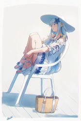 Rule 34 | 1girl, absurdres, bag, bare shoulders, blouse, blue flower, blue hair, chair, cross-laced clothes, facing to the side, flower, hair behind ear, hair flower, hair ornament, hat, highres, knees up, lize helesta, long hair, nijisanji, off shoulder, purple eyes, sandals, shirt, shoulder bag, signature, simple background, skirt, solo, sun hat, toes, very long hair, virtual youtuber, white footwear, white hat, white shirt, white skirt, yossui