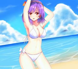Rule 34 | 1girl, arms up, bad id, bad pixiv id, beach, bikini, blush, breasts, cleavage, day, female focus, hair ornament, highres, large breasts, leaf, looking at viewer, ocean, open mouth, purple hair, red eyes, revision, short hair, side-tie bikini bottom, solo, swimsuit, touhou, wendell, yasaka kanako