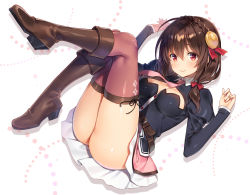 Rule 34 | 1girl, absurdres, ass, belt, black hair, blush, boots, bow, bowtie, braid, breasts, brown footwear, buttons, cleavage, closed mouth, clothing cutout, commentary request, full body, hair bow, hair ornament, highres, knee boots, kono subarashii sekai ni shukufuku wo!, large breasts, long hair, long sleeves, looking at viewer, medium breasts, miniskirt, necktie, official art, open mouth, pink neckwear, puffy sleeves, red bow, red eyes, ribbon, second-party source, shiny clothes, shiny skin, simple background, skirt, smile, thighhighs, thighs, yunyun (konosuba), yuuki hagure