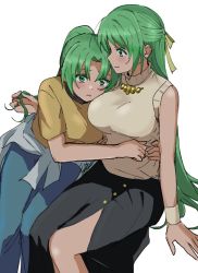 Rule 34 | 2girls, arm support, blonde hair, blush, breasts, clothes around waist, green eyes, green hair, grey sweater, hand in another&#039;s hair, head on another&#039;s shoulder, highres, higurashi no naku koro ni, hug, large breasts, long hair, multiple girls, ponytail, shirt, siblings, sierit, sisters, sleeveless, sonozaki mion, sonozaki shion, sweater, sweater around waist, very long hair, white background, yellow shirt