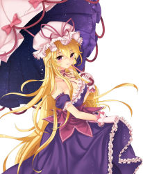 Rule 34 | 1girl, absurdly long hair, bad id, bad pixiv id, blonde hair, bow, breasts, choker, cleavage, detached sleeves, dress, floating hair, frilled dress, frills, hair between eyes, hat, hat ribbon, holding, holding umbrella, long dress, long hair, looking at viewer, medium breasts, purple dress, purple eyes, purple sleeves, red bow, red ribbon, ribbon, ribbon choker, short sleeves, simple background, skirt hold, solo, sonabi (misty alice), standing, strapless, strapless dress, touhou, umbrella, very long hair, white background, white hat, yakumo yukari