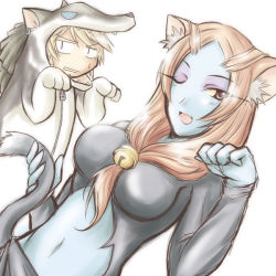 Rule 34 | 1boy, 1girl, animal costume, animal ears, blue skin, breasts, cat ears, cat tail, colored skin, dutch angle, fang, front ponytail, hood, kemonomimi mode, link, long hair, microspace, midna, midna (true), midriff, nintendo, one eye closed, paw pose, pointy ears, sketch, spoilers, tail, the legend of zelda, the legend of zelda: twilight princess, wink, wolf costume, wolf ears