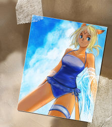 Rule 34 | 00s, 1girl, ahoge, animal ears, bad id, bad pixiv id, bare shoulders, blonde hair, blue eyes, blue one-piece swimsuit, casual one-piece swimsuit, cat girl, cloud, collarbone, cowboy shot, dark-skinned female, dark skin, day, doraeshi, facial mark, final fantasy, final fantasy xi, forehead mark, halterneck, looking at viewer, low twintails, mithra (ff11), one-piece swimsuit, outdoors, parted lips, photo (object), ribbon, short hair, short twintails, sky, solo, swimsuit, tail, tape, thigh strap, twintails